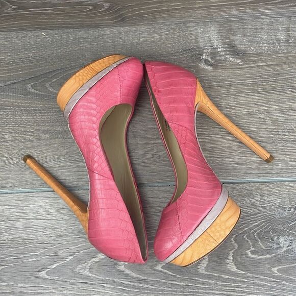 Brian Atwood Bffontanne Pink Leather Snakeskin Women’s Sz 7.5 Platform Heels - Picture 10 of 12